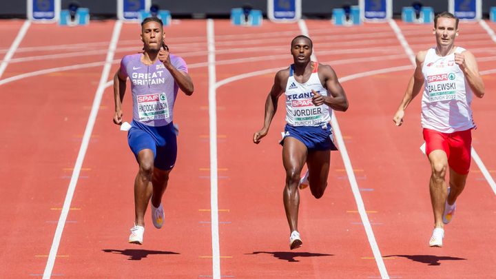 16 août 2022 aux championnats européens de Munich, les sprinters spécialistes du 400 mètres, Alex Haydock-Wilson, britannique, le français Thomas Jordier et le polonais  Karol Zalewski. (DEFODI IMAGES VIA GETTY IMAGES)