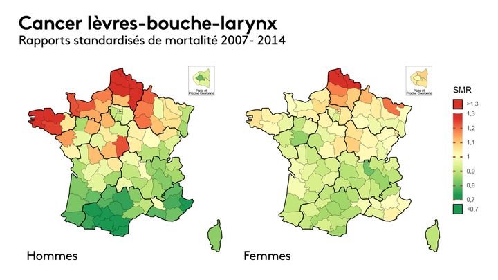 La carte de la surmortalité des cancers lèvre-bouche-larynx en France entre 2007 et 2016 (rapports standardisés, source : Santé publique France). (FRANCEINFO)