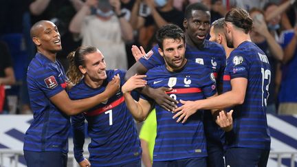 L'équipe de France de football lors de son match pour les éliminations de la Coupe du monde 2022 face à la Finlande, le 7 septembre 2021, à Lyon. (FRANCK FIFE / AFP)