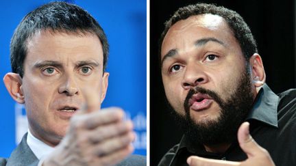 Manuel Valls (&agrave; gauche), le 7 janvier 2014 &agrave; Bruxelles (Belgique) et Dieudonn&eacute; M'bala M'bala (&agrave; droite), le 29 novembre 2009 &agrave; Paris. (GEORGES GOBET / AFP)