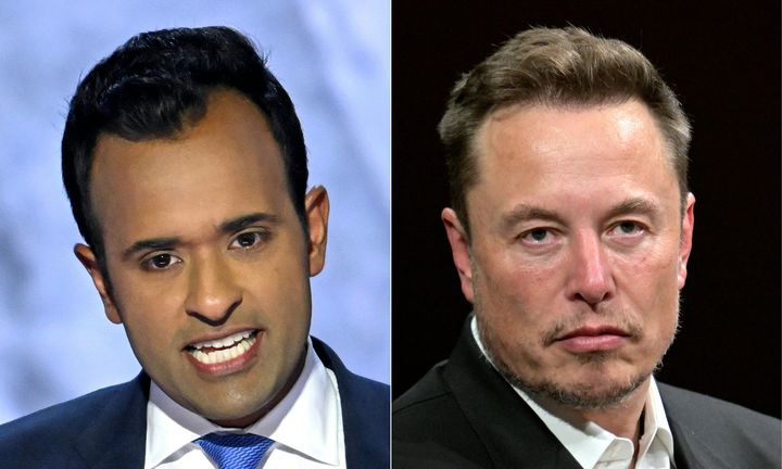 Les entrepreneurs Vivek Ramaswamy et Elon Musk, soutiens de Donald Trump et nommés à la tête du ministère américain de l'Efficacité gouvernementale le 12 novembre 2024. (ANDREW CABALLERO-REYNOLDS,ALAIN JOCARD / AFP)