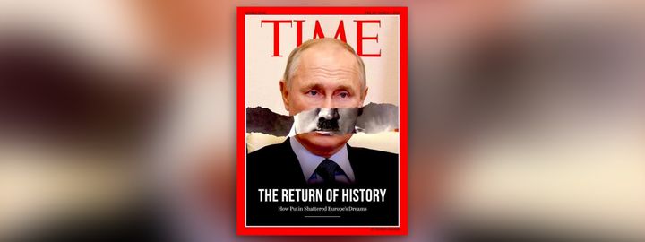 Un graphiste gallois, Patrick Mudler, a expliqué être à l'origine de cette fausse couverture du "Time", largement relayée sur les réseaux sociaux depuis le 28 février 2022. (TWITTER / "PATRICK MUDLER")