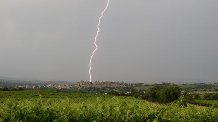 Un éclair dans le ciel&nbsp;de Carcassonne (Aude), le 21 janvier 2016. (XAVIER DELORME / AFP)