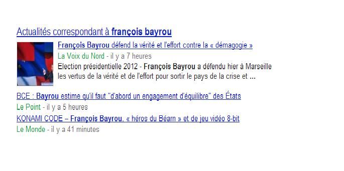 Capture d'écran des actualités associées à "François Bayrou" (DR)