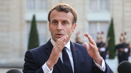 Emmanuel Macron lors d'un point-presse à l'Elysée avec le Premier ministre portugais, le 20 mai 2019 à Paris. (LUDOVIC MARIN / AFP)