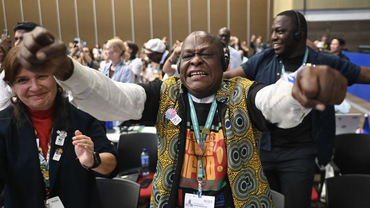 Un représentant des peuples autochtones et des communautés locales réagit après l'adoption d'un statut pour les représenter au sein de la Convention des Nations unies sur la diversité biologique, à la COP16 de Cali (Colombie), le 2 novembre 2024. (JOAQUIN SARMIENTO / AFP)