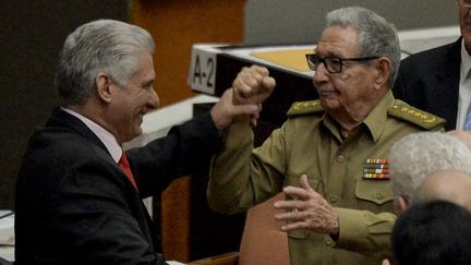 Raul Castro et Miguel Diaz Canel&nbsp;à la Havane (Cuba), le 21 décembre 2019. (YAMIL LAGE / AFP)