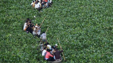 Des embarcations peinent &agrave; avancer sur la rivi&egrave;re Buriganda envahie par des jacinthes d'eau &agrave; Dhaka (Bangladesh), le 30 ao&ucirc;t 2012. (ANDREW BIRAJ / REUTERS)