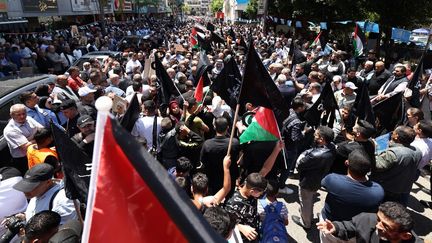 Des Palestiniens manifestent à l'occasion de la "Nakba" à Naplouse, en Cisjordanie, le 15 mai 2024. (ZAIN JAAFAR / AFP)