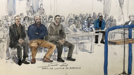 Marc-Antoine C., Jérémie D. et Tony H. face à la cour d'assises de Seine-Saint-Denis, le 9 janvier 2024. (BENOIT PEYRUCQ / AFP)