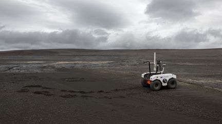 Des ingénieurs et des scientifiques ont testé le 19 juillet 2019 le nouveau robot de la Nasa, dans un champ de lave en Islande, avant une nouvelle mission sur Mars en 2020.&nbsp; (HALLDOR KOLBEINS / AFP)