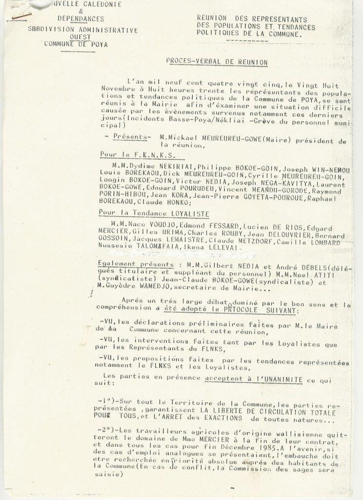 Extract from the memorandum of understanding signed in Poya (New Caledonia) on November 28, 1985. (PRIVATE COLLECTION)