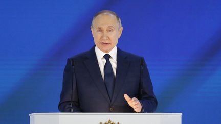 Vladimir Poutine, le président russe,&nbsp;prononce son discours annuel à la nation, à Moscou, le mercredi 21 avril 2021. (ALEXANDER ZEMLIANICHENKO / POOL)