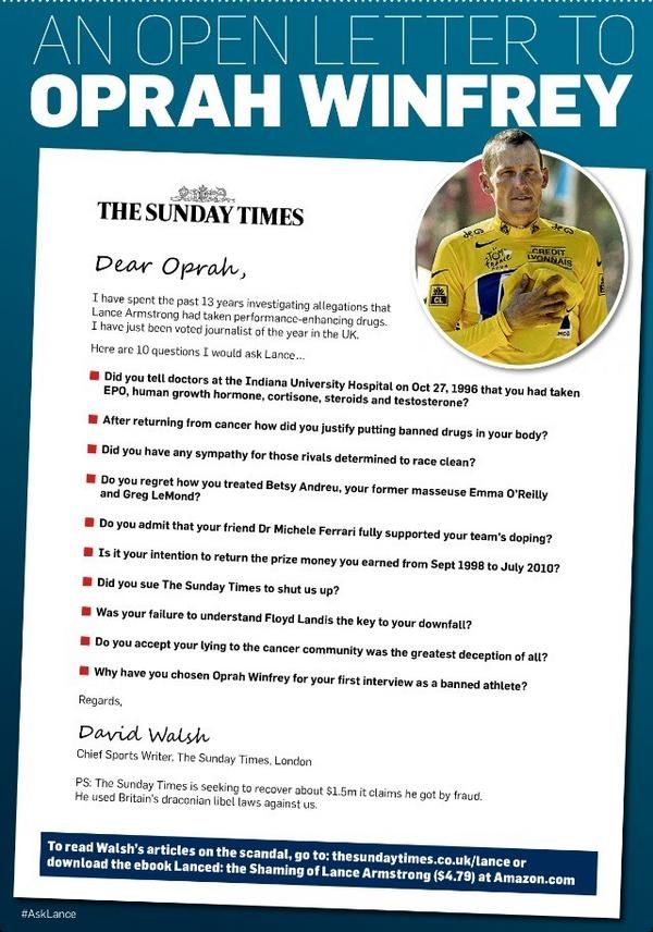 La page de publicit&eacute; du "Sunday Times" dans le "Chicago Tribune" de samedi 12 janvier 2013, pour donner des id&eacute;es de questions pertinentes &agrave; Oprah Winfrey, qui doit recevoir Lance Armstrong.&nbsp; (THE SUNDAY TIMES)