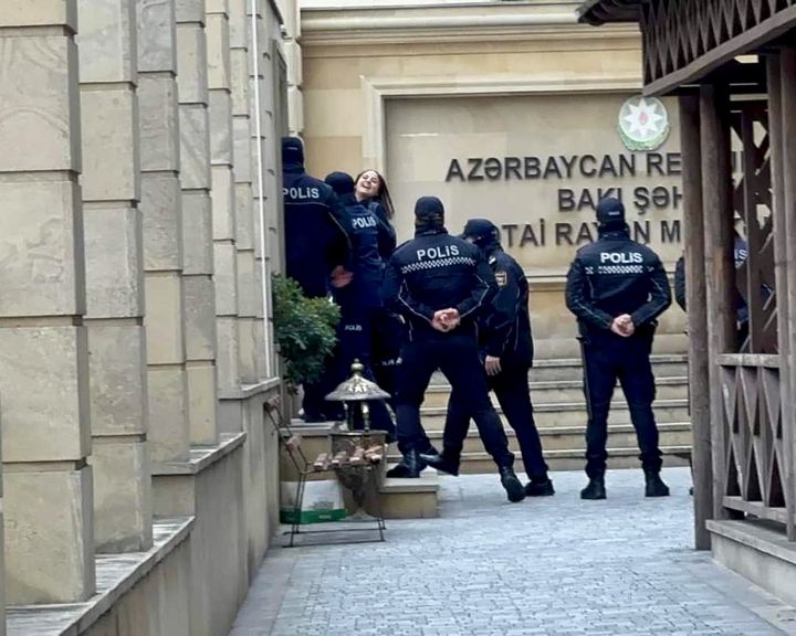 Nargiz Absalamova leaving the Khatai district court on December 1, 2023, just sentenced to 3 months of pre-trial detention.  (Ulviyya Ali)