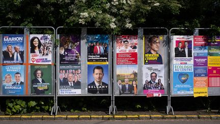 Une photo montre des affiches électorales de partis politiques et de candidats aux prochaines élections européennes, à Hindlingen (Haut-Rhin), le 4 juin 2024. (SEBASTIEN BOZON / AFP)