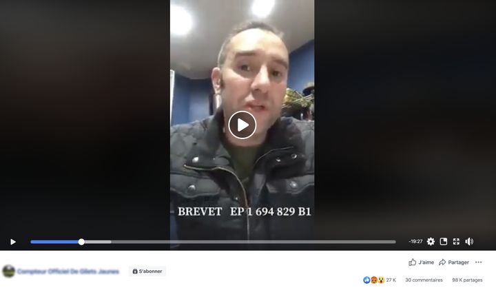 Capture d'écran d'une vidéo partagé plus des milliers de fois sur Facebook&nbsp;affirmant que le coronavirusa a été créé par des chercheurs français en 2003. (CAPTURE ECRAN FACEBOOK)