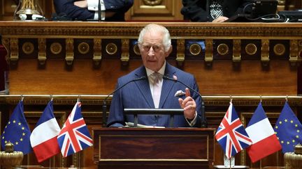 Le roi Charles III s'adresse à des parlementaires français, au Sénat, à Paris, le  21 septembre 2023. (EMMANUEL DUNAND / AFP)