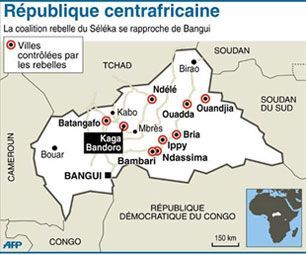 Localisation des villes aux mains de la rébellion Séléka en Centrafrique (AFP)