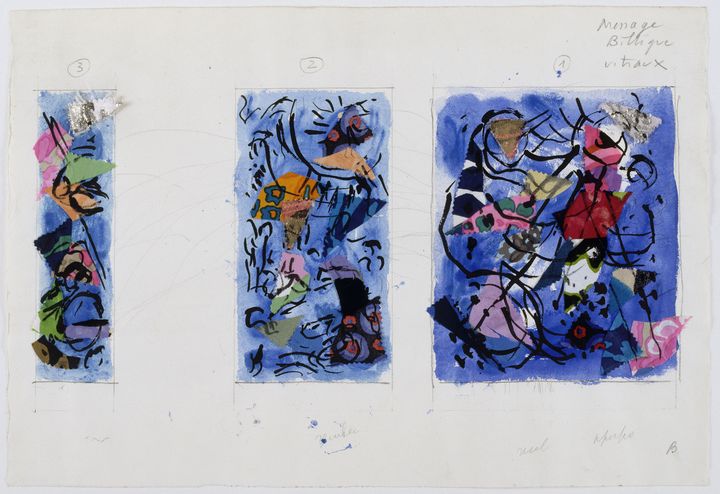 Marc Chagall, "Message Biblique, la Création du monde : le septième jour, le cinquième et le sixième jour, les quatre premiers jours", deuxième étude pour les vitraux des trois fenêtres, 1971. Paris, Centre Pompidou, Musée national d’art moderne. En dépôt au musée national Marc Chagall, Nice&nbsp; (© Adagp, Paris 2020. Photo © RMN-Grand Palais (musée Marc Chagall) / Gérard Blot)