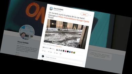 Capture d'écran d'une vidéo, postée sur Twitter, montrant une rue de Paris inondée après de violents orages, le 22 mai 2018. (PASCAL GUENEE ‏ / TWITTER)