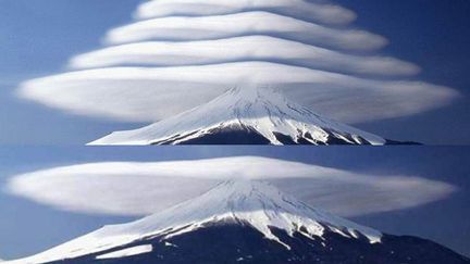 &nbsp; (La photo des nuages lenticulaires au-dessus du Mont Fuji est un faux © captures d'écran Twitter)