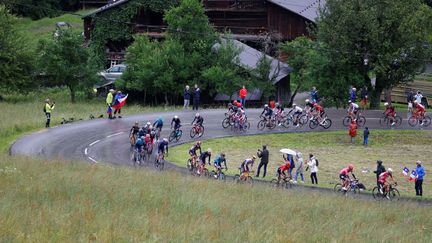 Le peloton du Tour de France lors de la 9e étape entre Cluses et Tignes, le 5 juillet 2021. (THOMAS SAMSON / AFP)