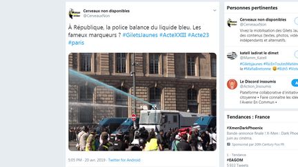 Capture d'écran d'un tweet signalant l'usage d'un liquide bleu par les forces de l'ordre samedi 20 avril. (TWITTER.COM)