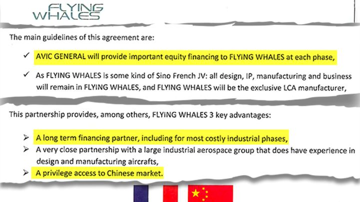 Extrait d'un document interne à Flying Whales, précisant les avantages du partenariat avec la société chinoise Avic, 2018. (Cellule investigation de Radio France)