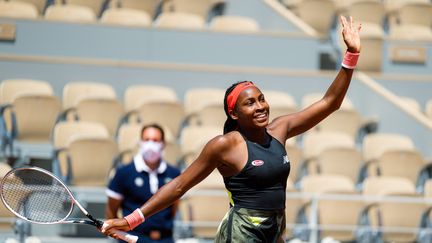 L'Américaine&nbsp;Cori Gauff&nbsp;s'est qualifiée pour&nbsp;son premier quart de finale en Grand Chelem, à Roland-Garros, le 7 juin 2021. (ROB PRANGE / SPAIN DPPI / AFP)