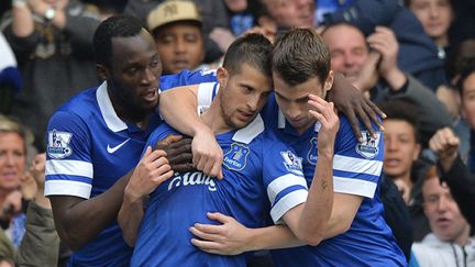 Kevin Mirallas et les joueurs d'Everton heureux (PAUL ELLIS / AFP)