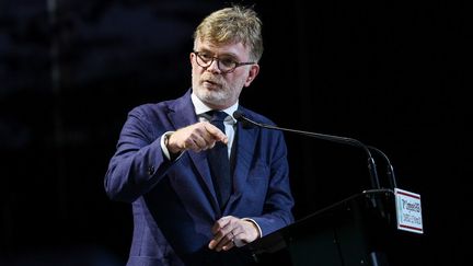 Marc Fesneau, chef de file des députés MoDem à l'Assemblée nationale, lors du congrès de la FNSEA, le 28 mars 2024 à Dunkerque (Nord). (DENIS CHARLET / AFP)