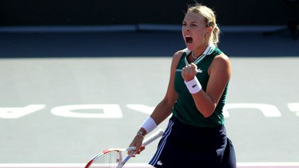 L'Estonienne Anett Kontaveit s'est qualifiée pour les demi-finales du Masters WTA en battant&nbsp;Karolina Pliskova, le 12 novembre 2021 à Guadalajara (au Mexique). (ULISES RUIZ / AFP)