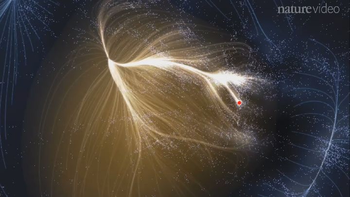 Modeling of the galactic supercluster Laniakea.  The red dot locates the Milky Way.  (NATURE VIDEO / YOUTUBE)