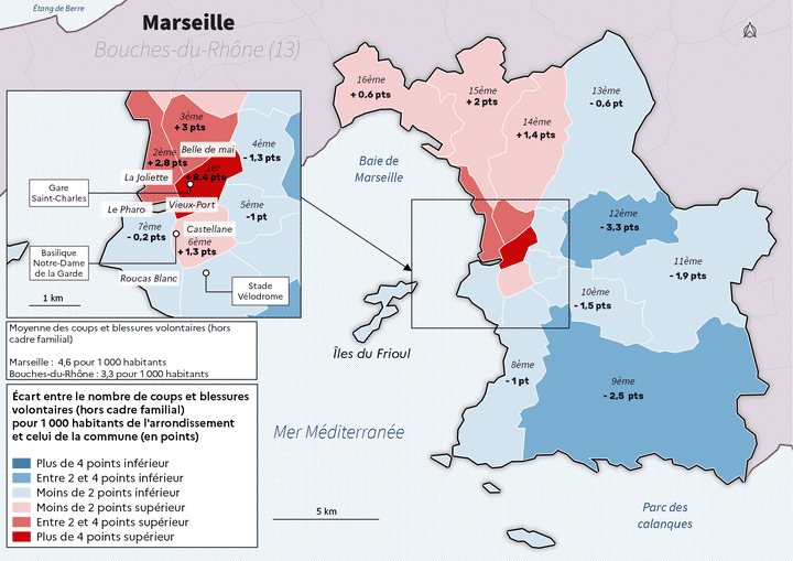 Coups et blessures volontaires sur personnes de 15 ans ou plus en dehors du cadre familial enregistrés dans les arrondissements de Marseille en 2022 (SSMI)