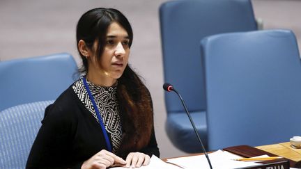 Nadia Murad, jeune femme yézidie et lauréate du prix&nbsp;Sakharov 2016,&nbsp;le 16 décembre 2015, devant le Conseil de sécurité de l'ONU à New York. (EDUARDO MUNOZ / REUTERS)