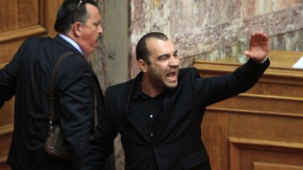 Panagiotis Iliopoulos, d&eacute;put&eacute; grec d'extr&ecirc;me-droite insulte d'autres d&eacute;put&eacute;s au Parlement &agrave; Ath&egrave;nes le 17 mai 2013. ( PANAYIOTIS TZAMAROS / SIPA)