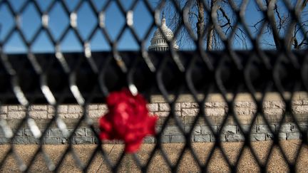 14 janvier 2021. Des fleurs sont placées sur une clôture, à la mémoire du policier du Capitole assassiné, Brian Sicknick,à Washington, DC, une semaine après qu'une foule pro-Trump est entrée par effraction et a pris le contrôle du Capitole. (BRENDAN SMIALOWSKI / AFP)