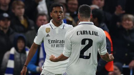 Rodrygo célèbre après son premier but avec le Real Madrid contre Chelsea en quart de finale retour de Ligue des champions le 18 avril 2023. (ADRIAN DENNIS / AFP)