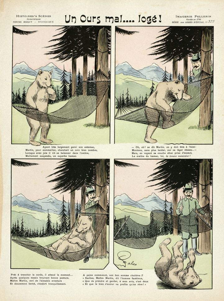 "Un Ours mal… logé", 1901,&nbsp;Falco (dessinateur), Pellerin, Épinal (éditeur),&nbsp;Lithographie coloriée au pochoir, Coll. musée de l’Image, Épinal (Musée de l’Image - Ville d’Épinal - cliché H. Rouyer)