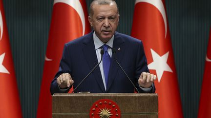 Le président turc Recep Tayyip Erdogan lors d'un discours à Ankara en Turquie, le 20 octobre 2020.&nbsp; (DOGUKAN KESKINKILIC / ANADOLU AGENCY / AFP)