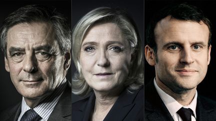 François Fillon et Emmanuel Macron sont donnés au coude-à-coude au premier tour de l'élection présidentielle, derrière Marine Le Pen, dans un sondage Harris Interactive pour France Télévisions publié le 23 février 2017. (JOEL SAGET / AFP)