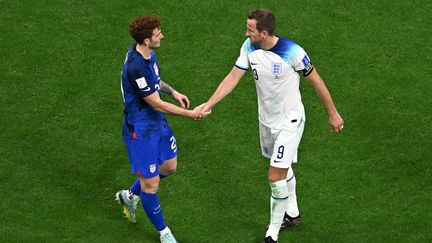L'Américain Josh Sargent et l'Anglais Harry Kane se saluent lors du match de Coupe du monde, le 24 novembre 2022. (MANAN VATSYAYANA / AFP)