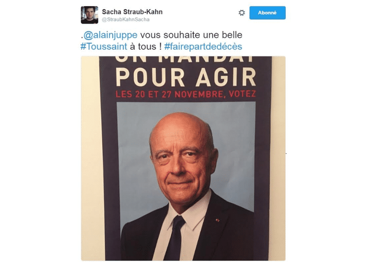 Le community manager de Nicolas Sarkozy a raillé l'affiche de campagne d'Alain Juppé, mardi 1er novembre, jour de la Toussaint, en la comparant à un faire-part de décès.&nbsp; (CAPTURE D'ECRAN TWITTER)