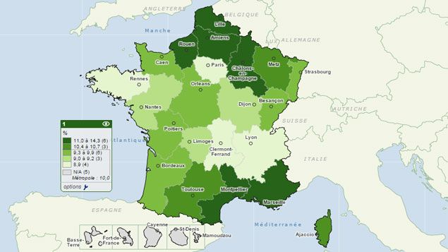 &nbsp; (La carte de France du chômage dans les régions © Observatoire des territoires)