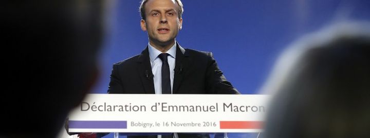 Emmanuel Macron lors de sa déclaration de candidature le 16 novembre 2016 à Bobigny. (PATRICK KOVARIK / AFP)