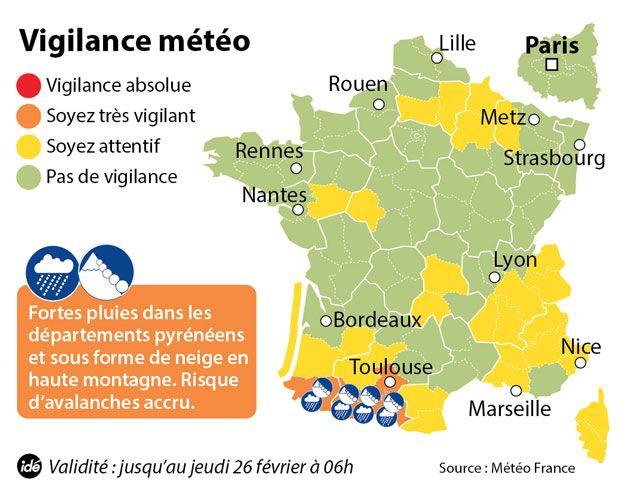 &nbsp; (La carte de vigilance de Météo France actualisée à 6h  © IDE)