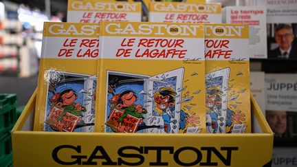 Le 22ème album de la série "Gaston Lagaffe" sort le 22 novembre 2023 en librairies. (MIGUEL MEDINA / AFP)