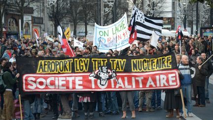 Des manifestants oppos&eacute;s &agrave; l'a&eacute;roport Notre-Dame-des-Landes &agrave; Nantes (Loire-Atlantique), le 24 novembre 2012. (DAMIEN MEYER / AFP)