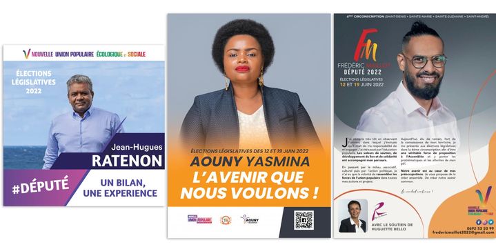 Visuels de campagne de candidats se réclamant de la Nupes mais qui n'ont pas été comptablisés sous cette nuance par le ministère de l'Intérieur : Jean-Hugues Ratenon (5e circonscription de La Réunion), Yasmina Aouny (1re circonscription de Mayotte), Frédérioc Maillot (6e circonscription de La Réunion). (FRANCEINFO)